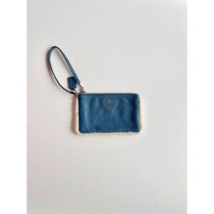COACH Slate Blue Pebbled Leather Shearling Trimmed Wristlet Clutch